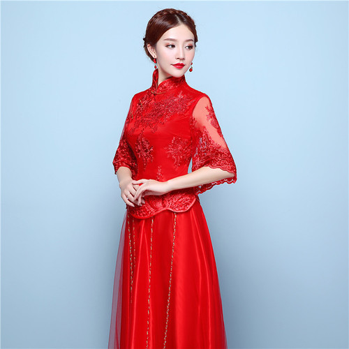 Toast the bride Chinese style dress female bridal chinese wedding party XiuHe dresses red wedding clothes dragon phoenix Chinese dress lace wedding gown