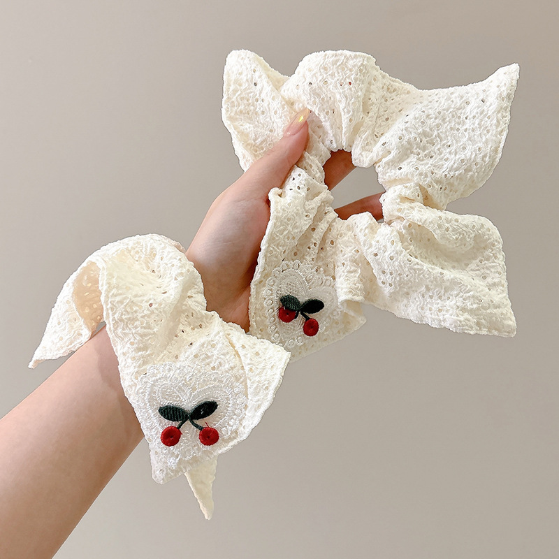 Toallas beige cuadradas francesas anillo de cabello cereza hueco anillo de cabello simple cola de caballo tierna cuerdas de cabello cereza amor