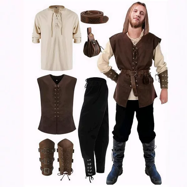 Set Halloween Men Renaissance Costume Suit Medieval Pirate Shirt Ankle Strap Pants