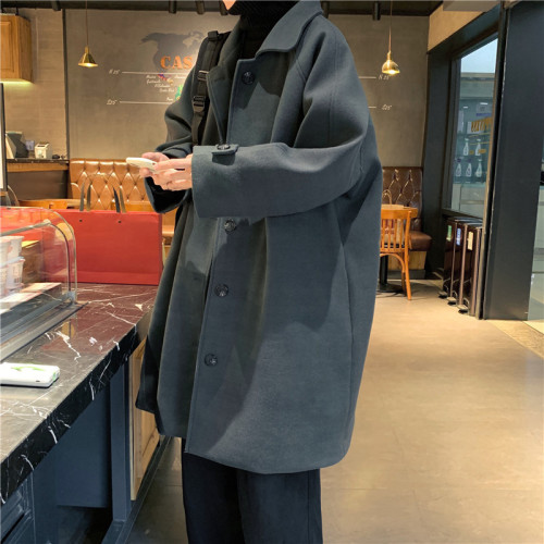 Korean-style medium-long wool overcoat for men, autumn and winter, thick German-style notched lapel trench coat, oversized wool coat