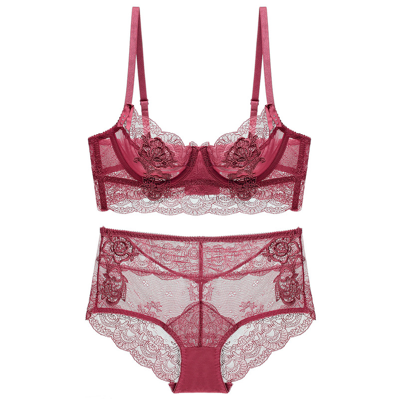 Cross-border French Underwear Sexy Ultra-thin Perspective Lace Girl Bra Large Chest Small plus size Underwear suit Bra