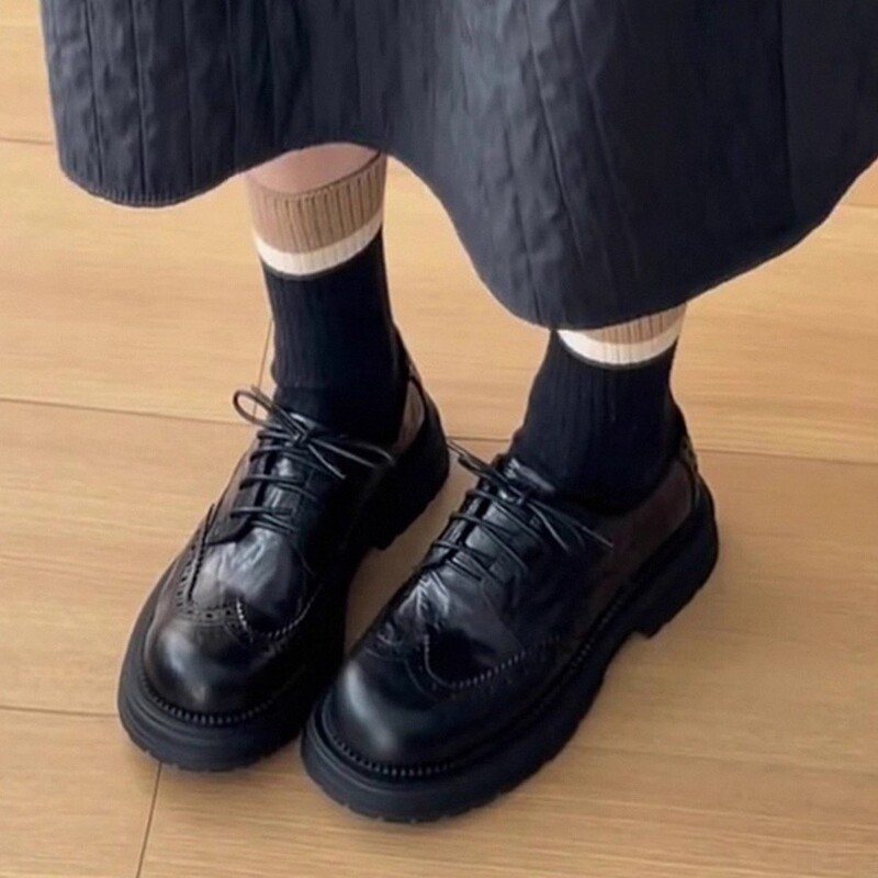牛皮~厚底小皮鞋女英伦赫本风系带单鞋布洛克马丁鞋子复古乐福鞋|undefined