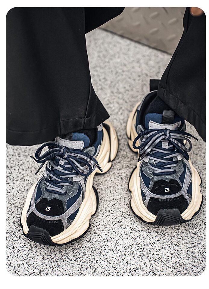 Giày sneaker nam phong cách giày bố đế lốp, da nhân tạo, gót 3–5 cm — màu vàng, màu xám đen, đen chi tiết 15