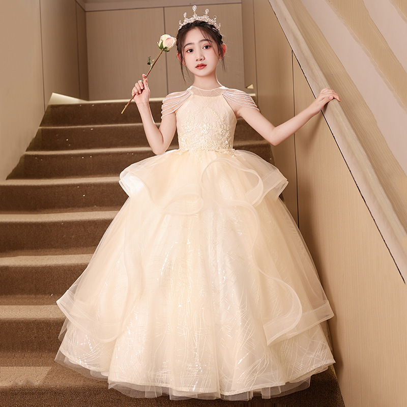 子供ドレスプリンセスドレス 2025 フラワーガール少女子供の誕生日ライト高級プリンセスドレスホストキャットウォークパフォーマンスドレス|undefined