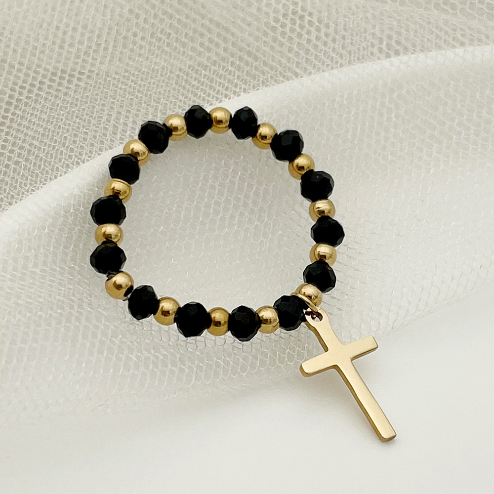 304 Stainless Steel 14K Gold Plated Fashion Beaded Cross Rings display picture 1