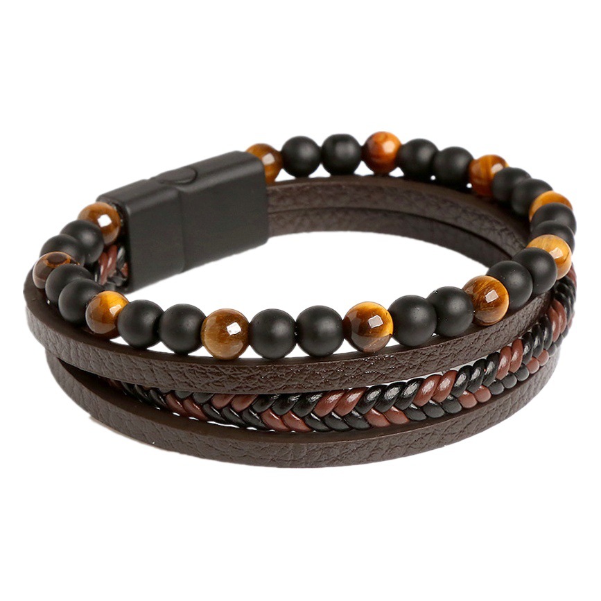 Europeo y americano de estilo ins multi-capa de los hombres pulsera tejida a mano de aleación de piedra natural pulsera de los hombres pulsera de cuero