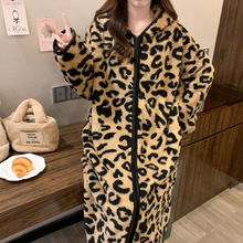 新款豹纹甜美连帽开衫半边绒睡袍可爱睡衣女可外穿居家服跨境批发