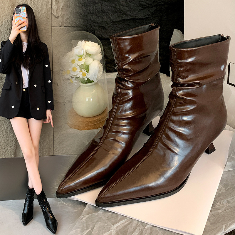 691-1 chubby girl French High Heel Pointed Skinny Boots Thick Leg Big Tube Heap Boots Small Naked Boots plus size Women's Shoes
