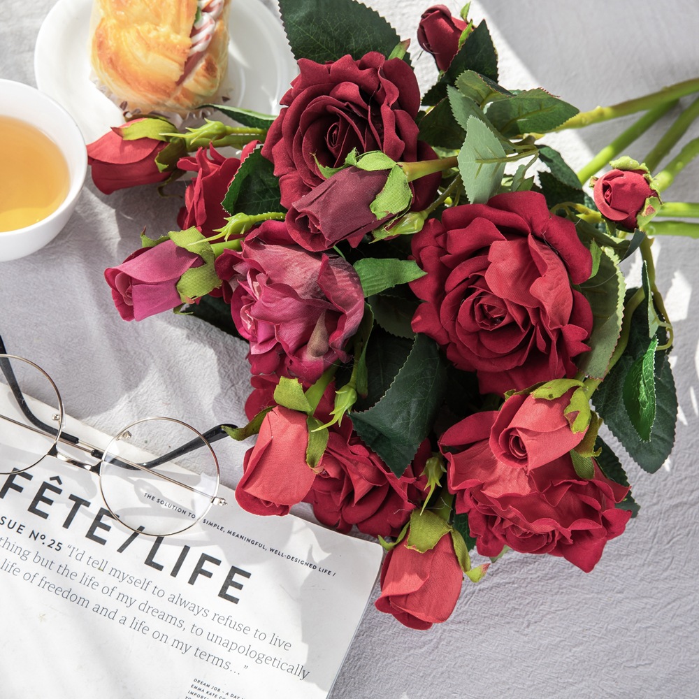 Decorative velvet rose synthetic flowers plant pot landscape wedding floral wall INS style artificial plant wall MW03335