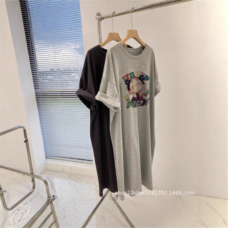 Gray T-Shirt Dress for Women 2026 New Mid-Length Korean Style Loose Large Size Short-Sleeved Long Dress Fashionable Age-Reducing Dress Gray T-Shirt Dress for Women 2026 New Mid-Length Korean Style Loose Large Size Short-Sleeved Long Dress Fashionable Age-Reducing Dress