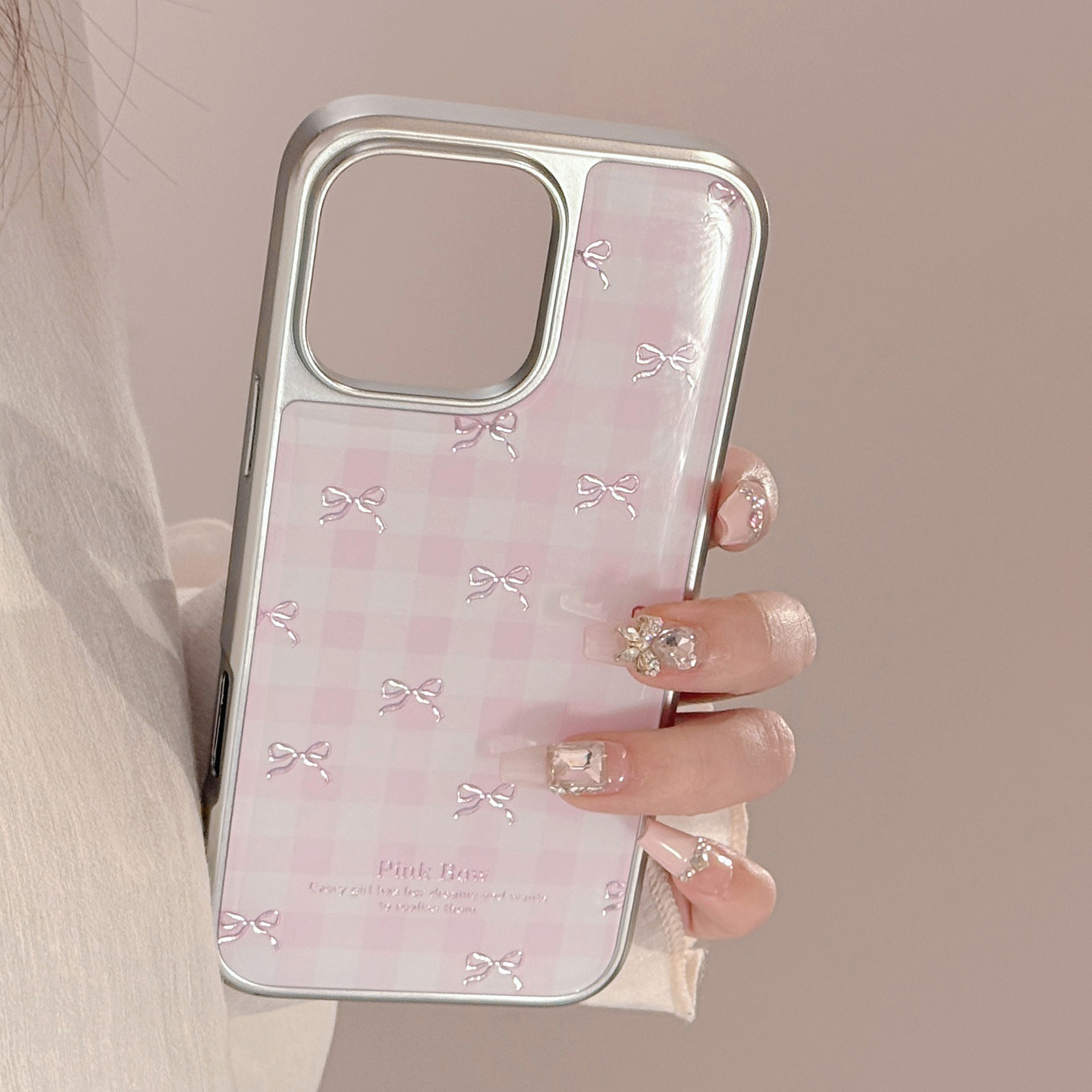 Funda chapada en oro compatible con Apple 17 Pro Max, iPhone 16 con lazo rosa a cuadros, electrochapada 13, funda rígida para Huawei 14.