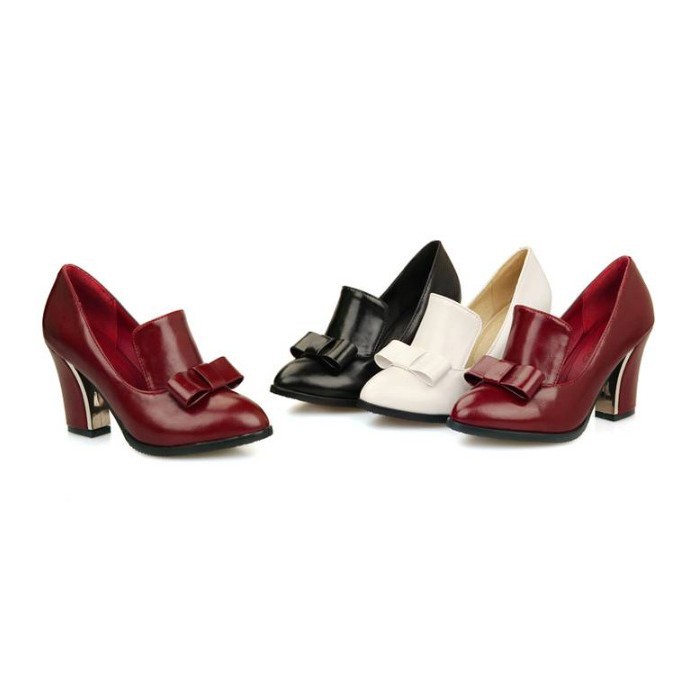 Women's High Heels 2026 New Spring And Autumn Mid-Heel Chunky Heel Women's With Bowknot, Large Size PU Lace-Up Leather Shoes 31-48_voghion.com
