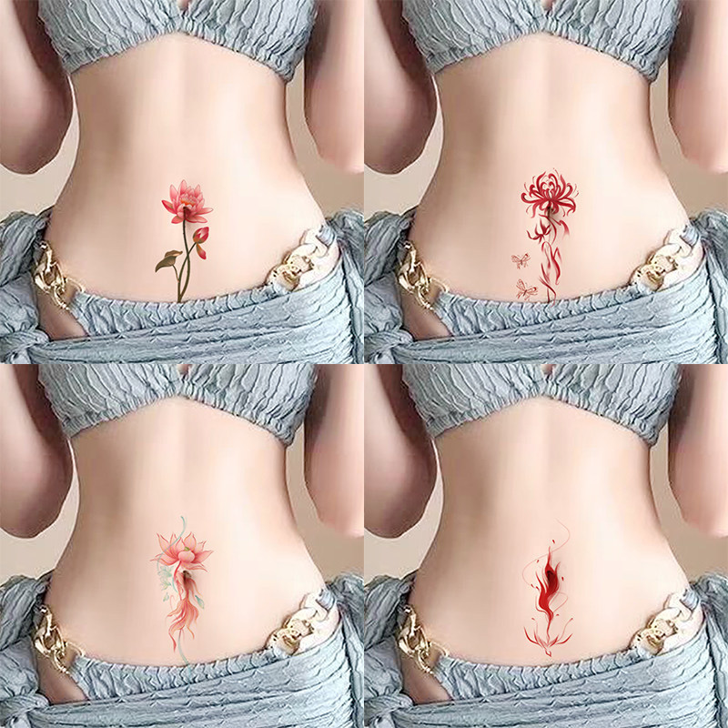 Unique Chinese-style phoenix flower tattoo stickers, colorful, waterproof, long-lasting, for women, suitable for navel, C-section, ankle, and scar concealment Unique Chinese-style phoenix flower tattoo stickers, colorful, waterproof, long-lasting, for women, suitable for navel, C-section, ankle, and scar concealment