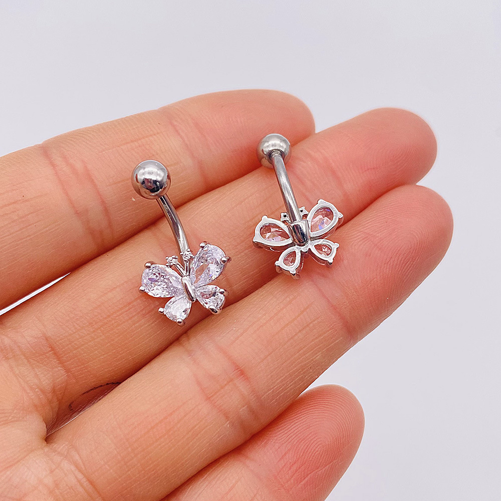 Basic Retro Heart Shape Flower Butterfly Stainless Steel Inlay Zircon Belly Ring display picture 2