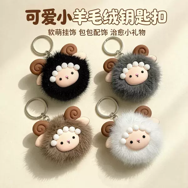 Cartoon little sheep plush keychain, cute and creative little sheep ball pendant, student backpack decoration, small gift
