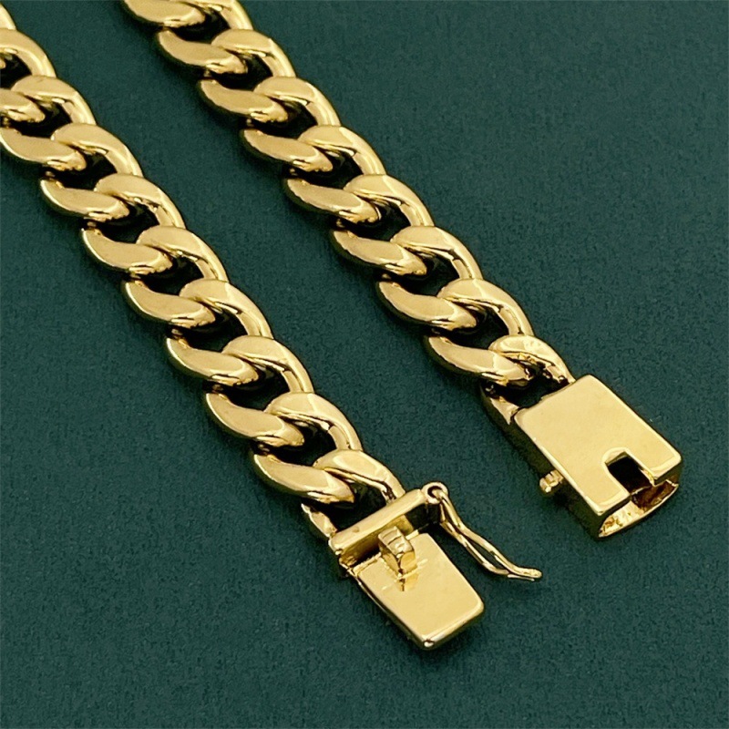 Bijou pour homme très demandé pour le commerce transfrontalier : Collier chaîne cubaine à maillons coupés sur le côté, 10 mm, 75 cm, cuivre plaqué or, sous vide_voghion.com