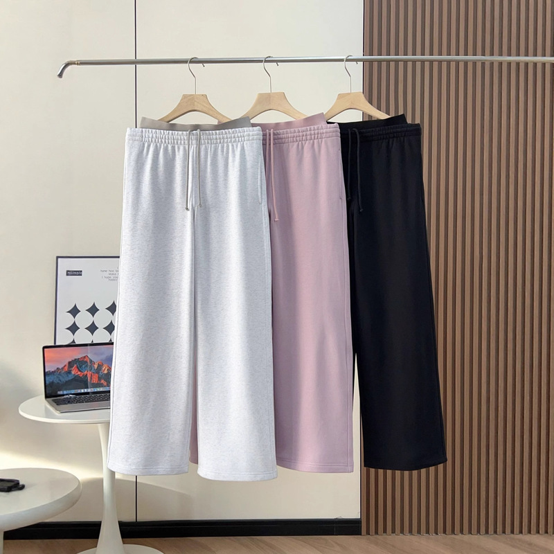 Skims-Style Fleece-Lined Elastic Waist Drawstring Straight-Leg Wide-Leg Pants Kardashian Double-Waist Casual Sports Sweatpants