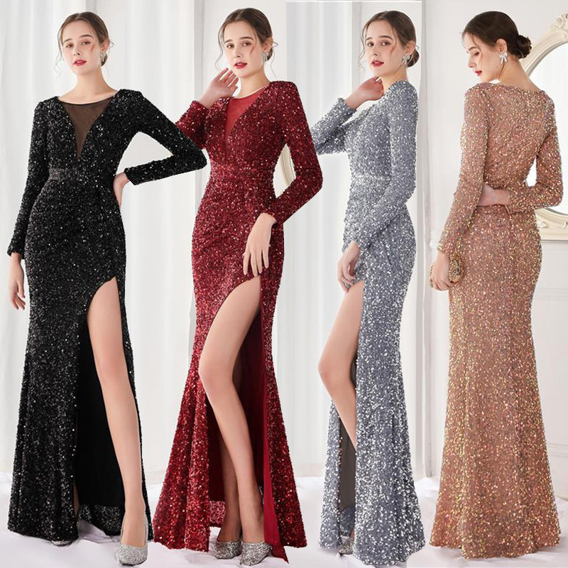 Banquet Host dress Company Annual Meeting Red Carpet Evening Dress V-Neck Long Sleeve Thin Flash Hem High Split Long Dress Women