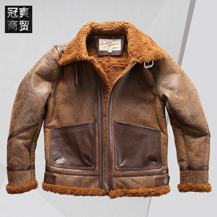Avfly Australian B3 Genuine Leather and Fur One-Piece Bomber Jacket for Men with Single-Sided Pocket Goatskin Fur Leather Jacket