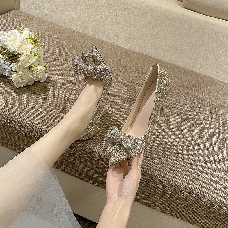 316-A97 New Style High-Heeled Shoes for Women, Stiletto Heels, Rhinestone Butterfly Bridesmaid Crystal Shoes, Wedding Dress Bridal Shoes, French-Style Single Shoes