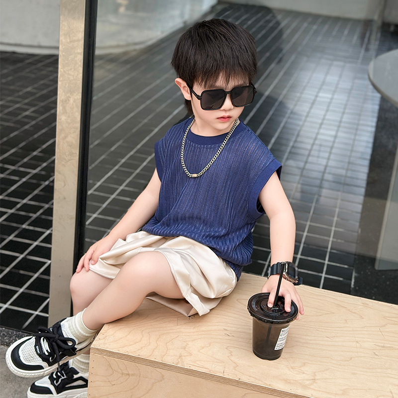 7390 Traje de verano para niños 2025 Nuevo chaleco a rayas sin mangas para niños Verano delgado Versión coreana de dos piezas Verano