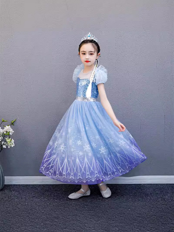 女の子用光るロングドレス アナと雪の女王 エルサ プリンセスドレス パフスリーブワンピース 取り外し可能なフロア丈のトレーン付き子供ドレス|undefined