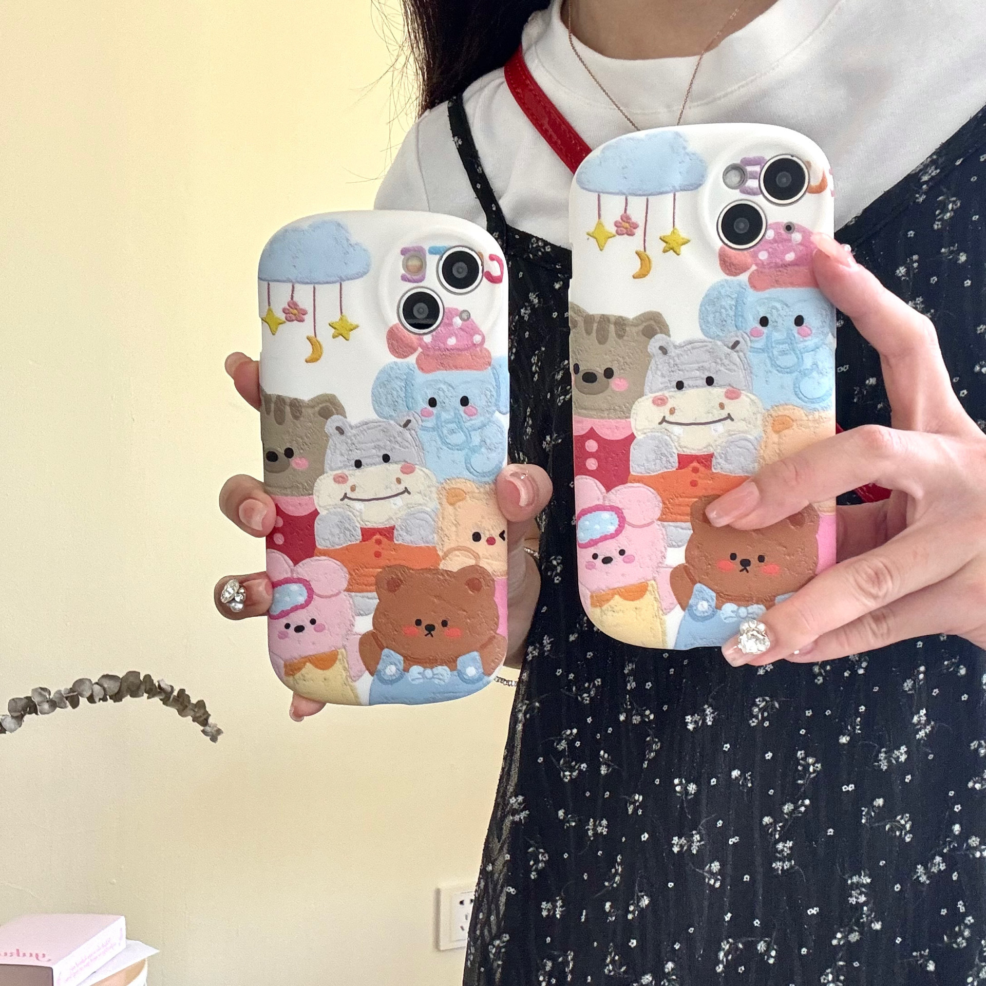 Pintura al óleo de dibujos animados oso hipopótamo animal para iPhone14 funda para teléfono móvil 13 Apple 12 hembra 15ProMax funda blanda
