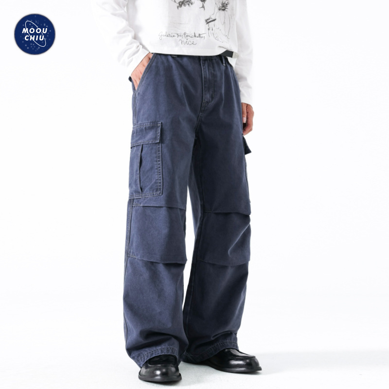 Muqiu Men's Wear | 2026 New French Work Blue American Style Work Pants Men's Loose Straight Vintage Washed Casual Pants