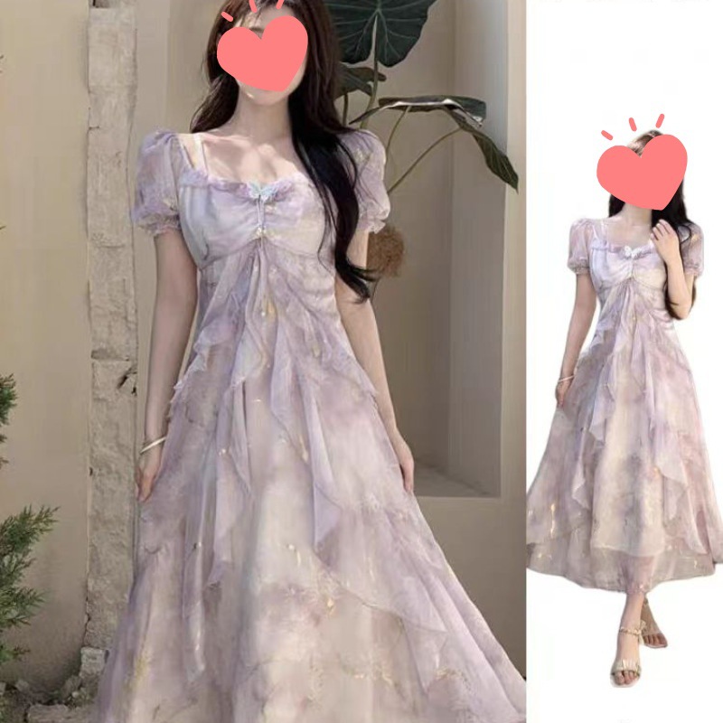 大码法式绝美荷叶边方领连衣裙女夏季胖mm氛围感露肩显瘦遮肚裙子