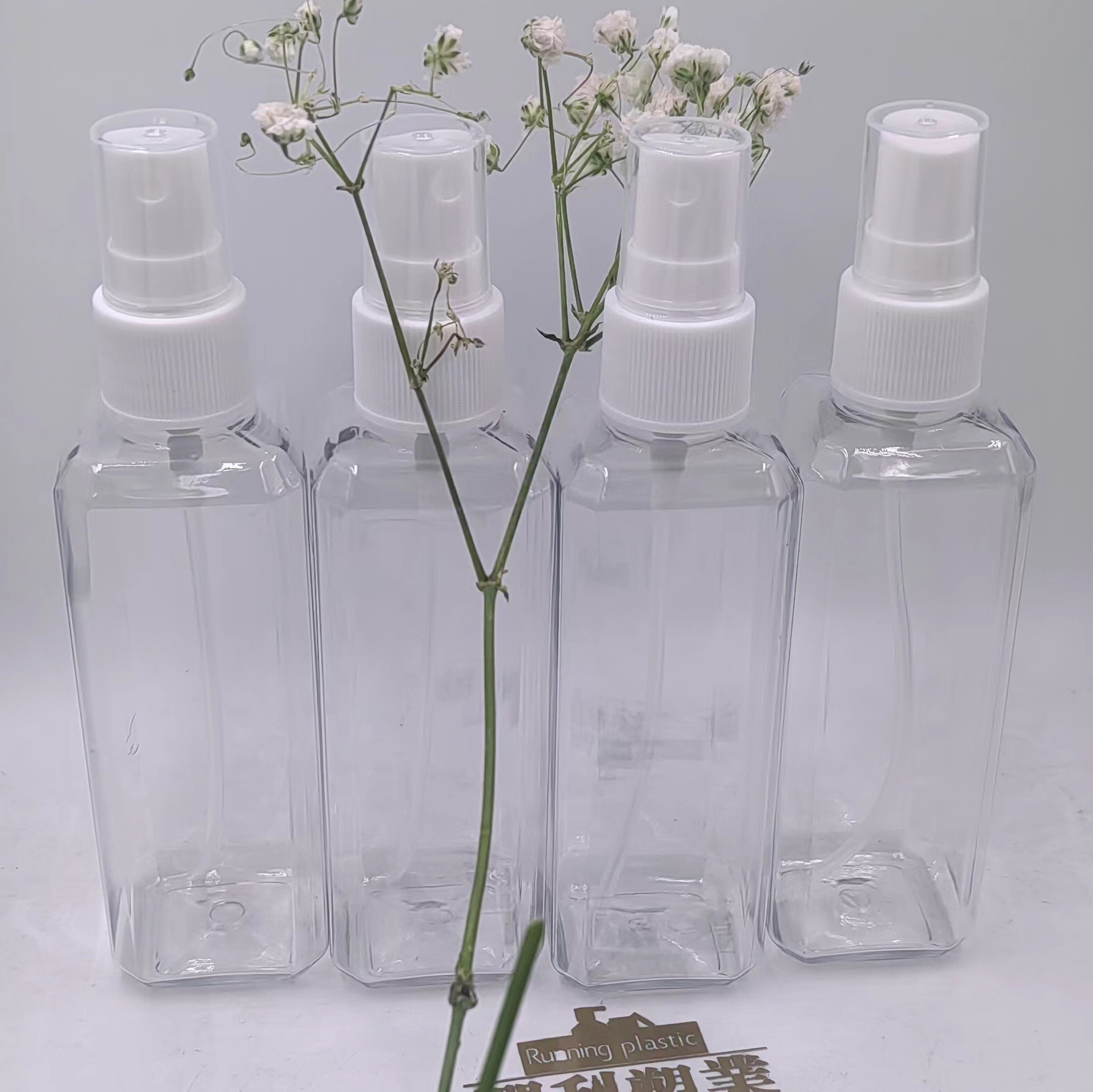 100ml 20牙20/410 方形透明化妆品瓶金色氧化铝喷雾头千秋盖蝴蝶