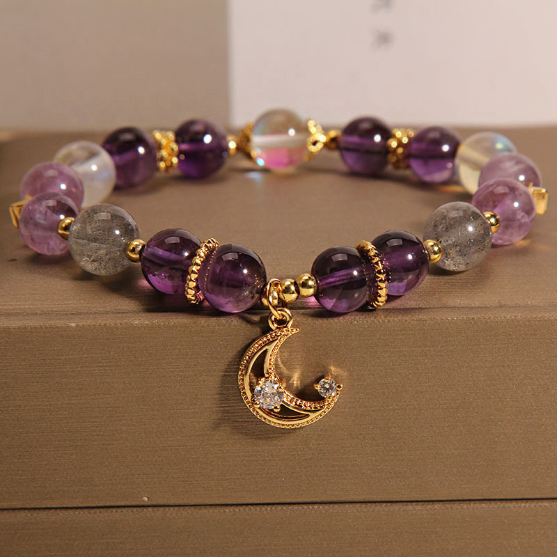 Pulsera de amatista natural hembra ins nicho Luz de lujo retro gris luz de la luna estrella Luna pulsera regalo para novias estudiantiles