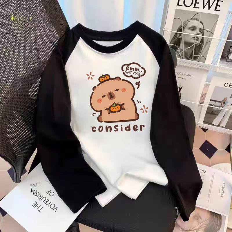 春秋款新款男童女童圆领纯棉长袖T恤中大童插肩袖撞色休闲上衣潮