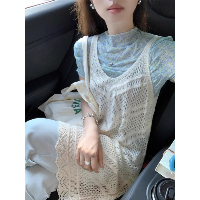 2025 Summer New Women's Fashion Popular Knitted Hollow Sling dress Mid-length Stacked Sunscreen Blouse