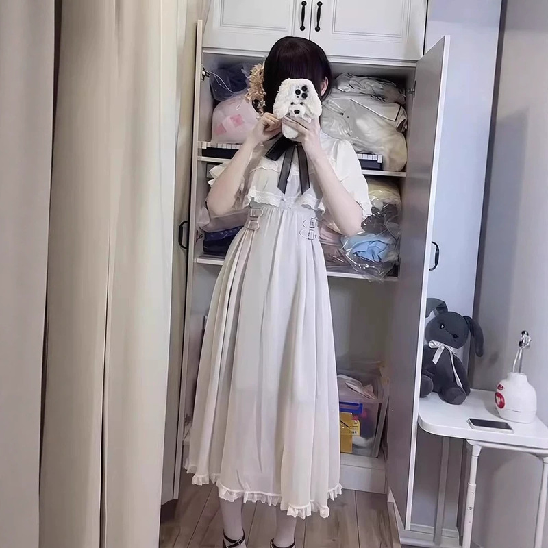 Japanese-Style Sweet Bow-Knot Cape Dress for Women, Summer 2026 New Model, Elegant Lace Patchwork Waist-Cinching Long Dress