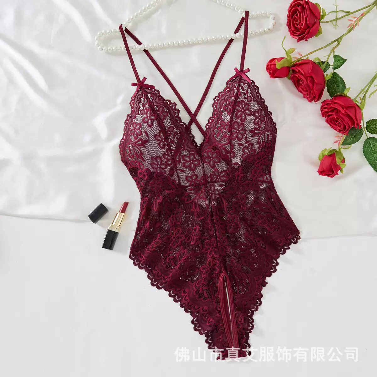 跨境专供蕾丝深v吊带连体衣开裆透视交叉美背性感情趣内衣21077