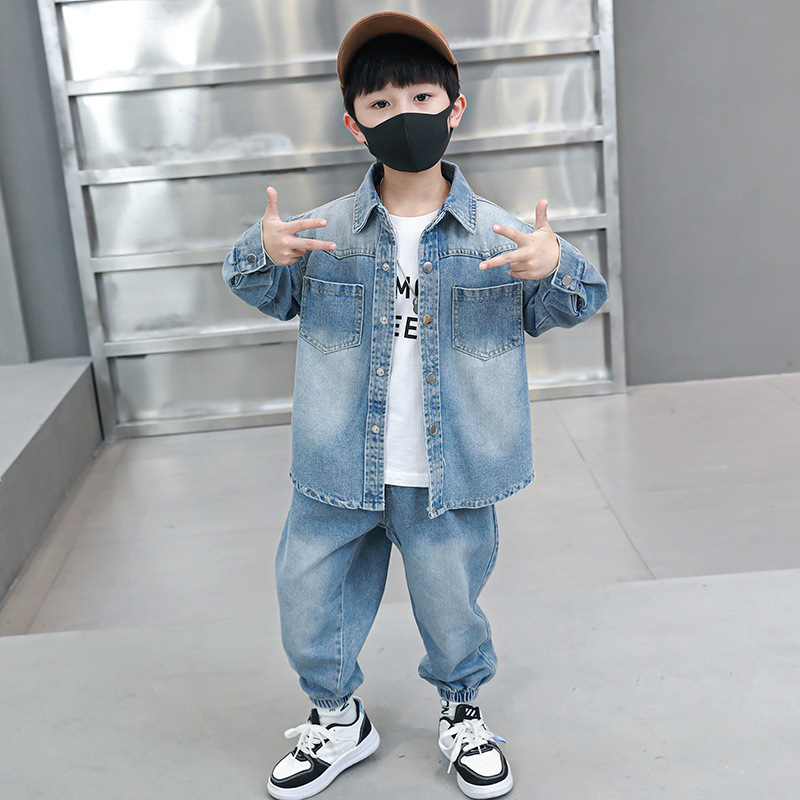 Boys Spring And Autumn Suit 2025 New Foreign Style Denim Trendy Suit Solid Color Children's Spring Suit Fashionable Boy Two-piece Set Cool