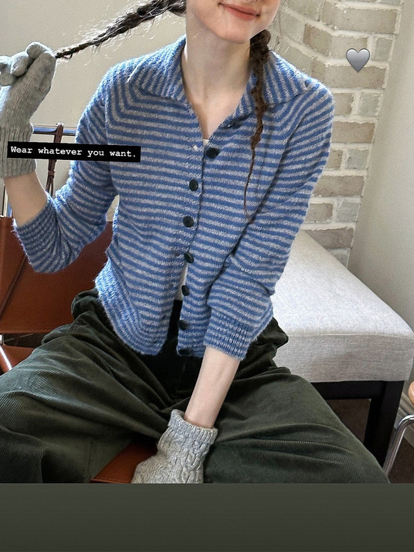 vintage/中古感撞色条纹蓬松羊毛修身版型针织小开衫女|undefined