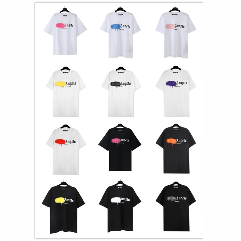 Palm Angels Cross-Border Ink Splash Letter Print Round Neck Short Sleeve Loose Fit In-Stock T-Shirt Trendy Brand