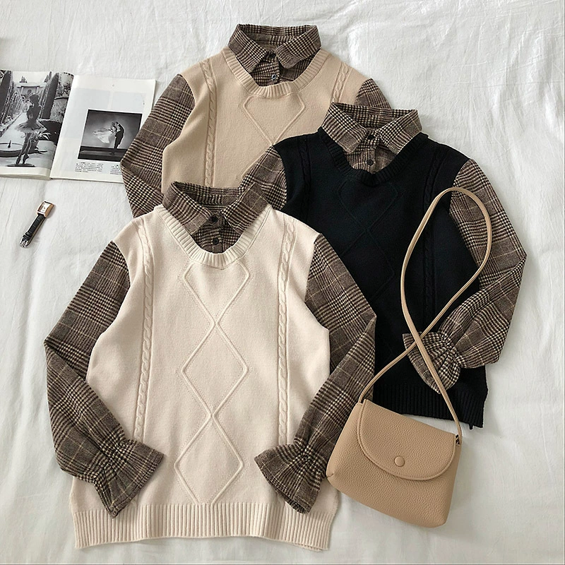 Осенне-Зимний новый женский свитер-топ в Корейском стиле с вышивкой на воротнике, искусственное Женское пальто из двух частей