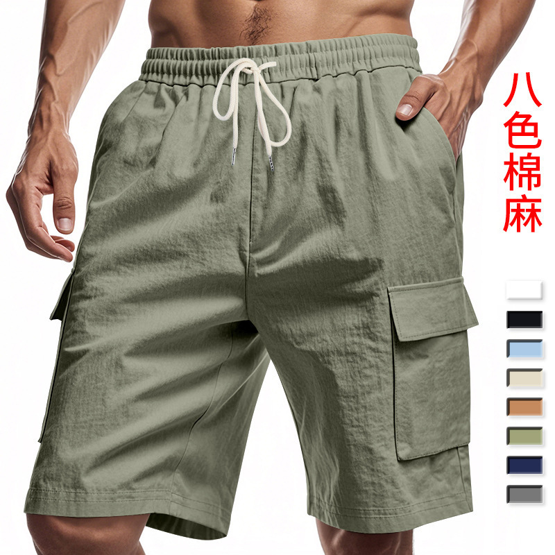 Pantalones cortos de herramientas multibolsillos estadounidenses transfronterizos para hombres Pantalones deportivos de lino sueltos casuales de Amazon Pantalones rectos de cinco puntos para hombres