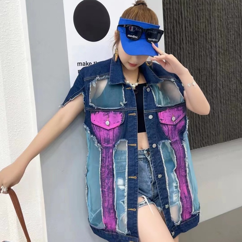 2024 primavera graffiti dibujos animados denim chaleco de malla de mujer empalme suelto chaqueta media larga marca de moda