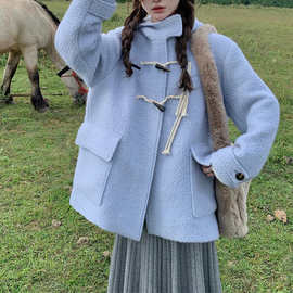 秋冬嫩嫩蓝圈圈呢牛角扣连帽大衣外套小个子甜美设计感穿搭外套女