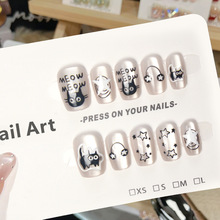 FM-393假指甲贴片可拆卸分码美甲穿戴甲黑色摇滚喵猫眼手工封层女