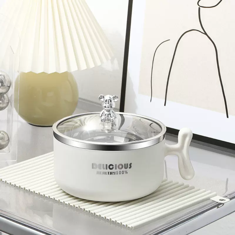 ins暴力熊泡面碗 304不锈钢学生保温饭盒宿舍带盖方便面碗大容量