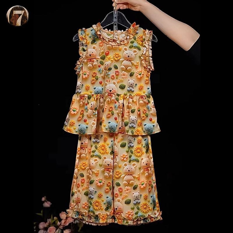 2025 New Summer Set for Girls: 3D Bear Print Vest Skirt and Pants Two-Piece Set for Cute Babies