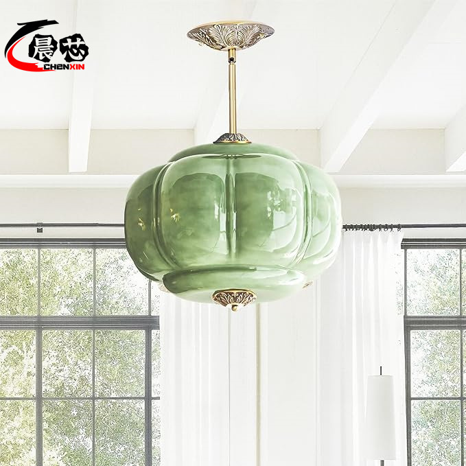 American-Style Large Glass Bedroom Chandelier, Vintage Green Cream Living Room Bedroom Chandelier, Amazon Best-Selling Lamp