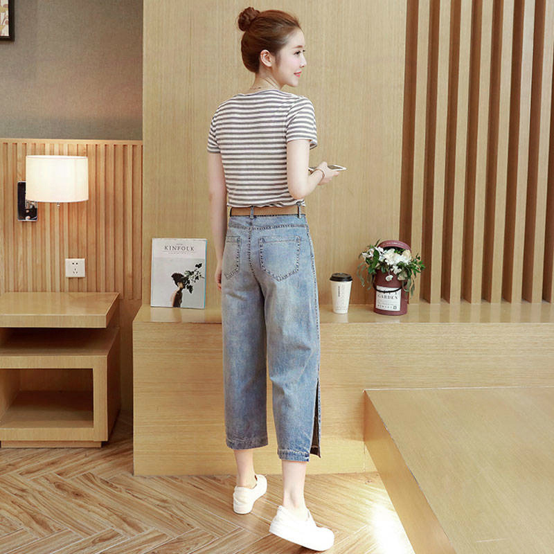 Split Cropped Jeans Women's White-worn Loose Korean-style All-match Straight-tube Dipped Cropped Wide-leg Pants Women's Old-fashioned