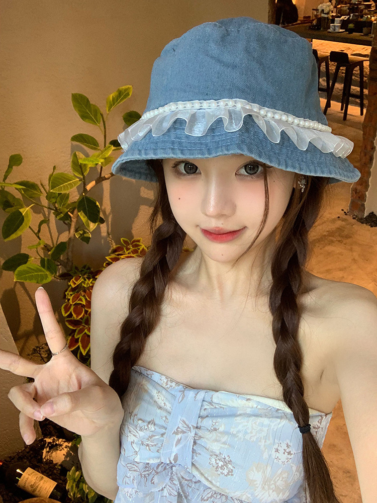 Ballet de encaje sombrero de vaquero sombrero de pesca de hadas perlas primavera y otoño protección solar versátil sombrero de balde para mujeres