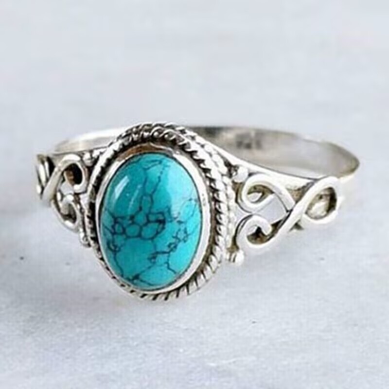 Cross-Border Wish New Inlaid Retro Green Turquoise Ring Cross-Border Jewelry Women's European and American Engagement Gift Hand Jewelry