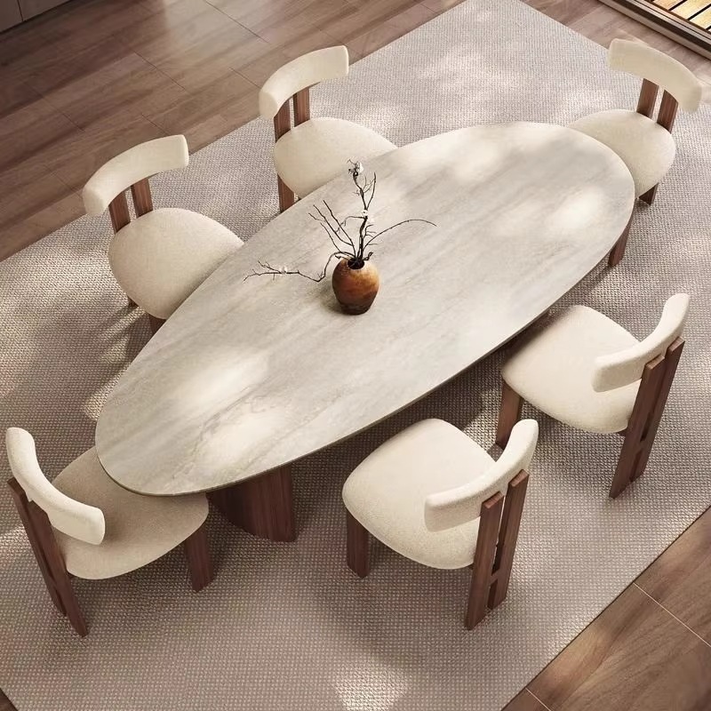 Modern Style Fire Stone Dining Table Walnut Color Solid Wood Bottom Seat and Dining Table Available in Various Sizes